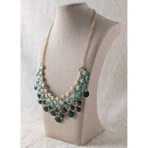 Gold Tone Bib Necklace Teal Mint Green Enamel Scallop‎ Statement Boho